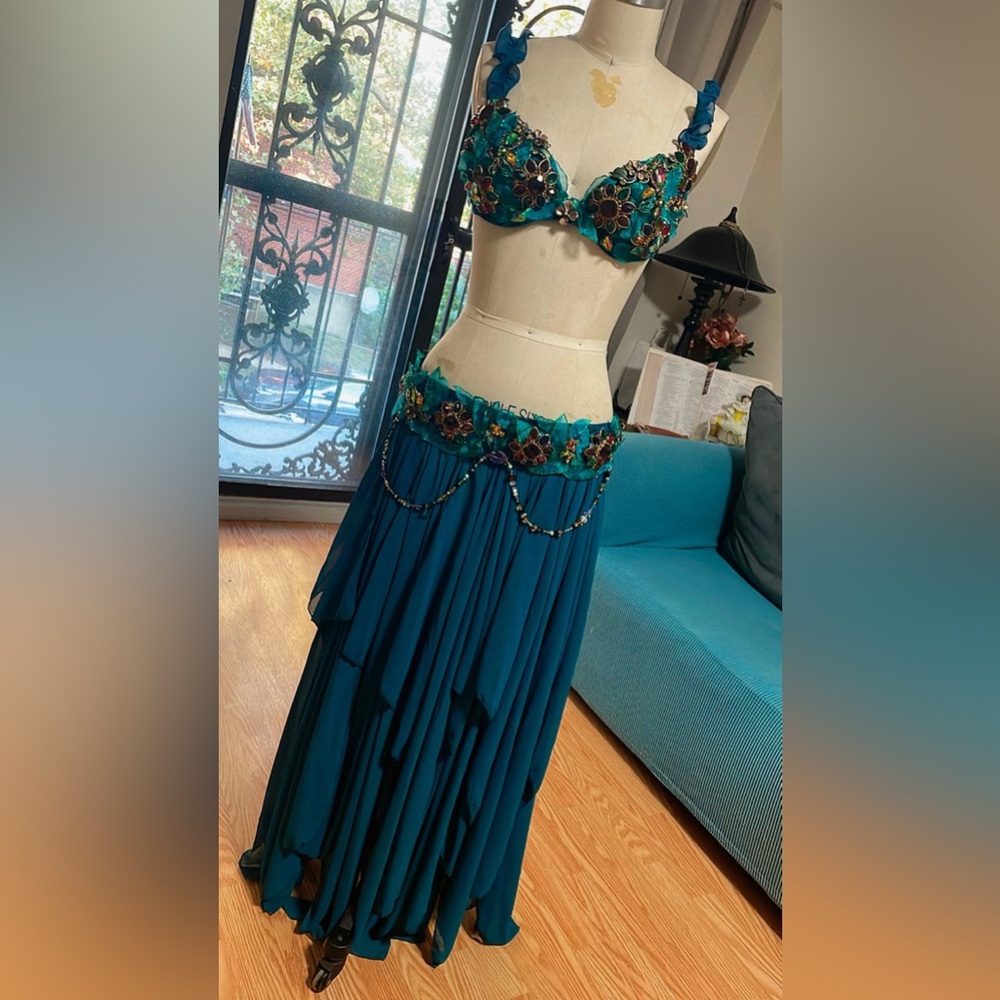 Teal Faerie Belly Dance Costume with Beaded Accents